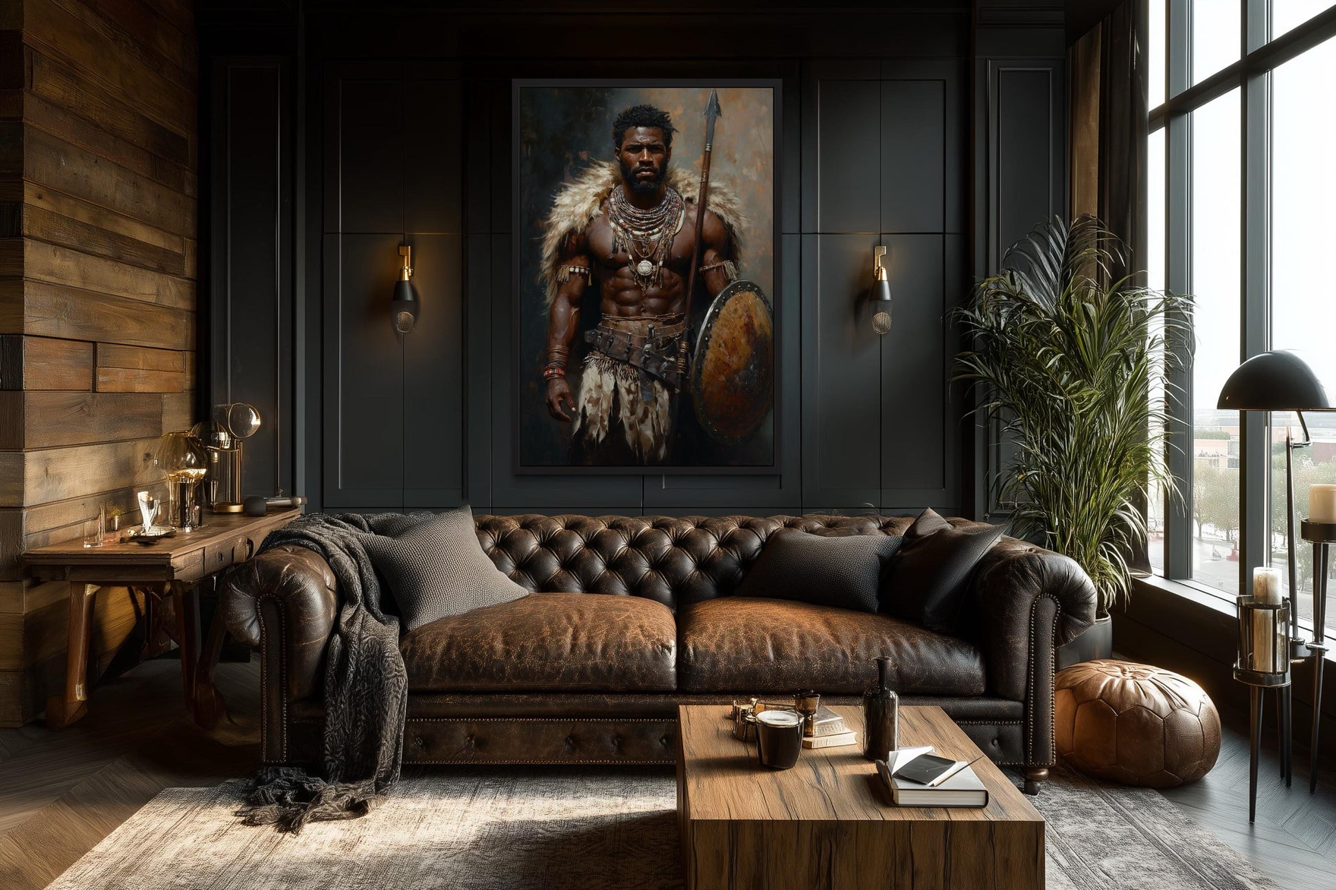 African Tribal Warrior Art - Masculine Canvas Print With Shield And Spear | Decor For Men