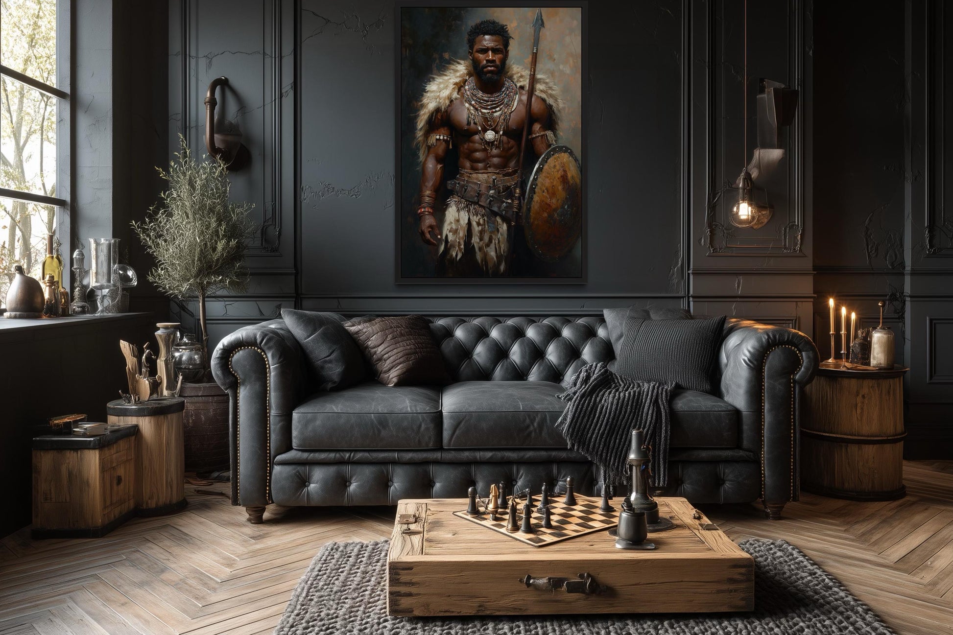 African Tribal Warrior Art - Masculine Canvas Print With Shield And Spear | Decor For Men