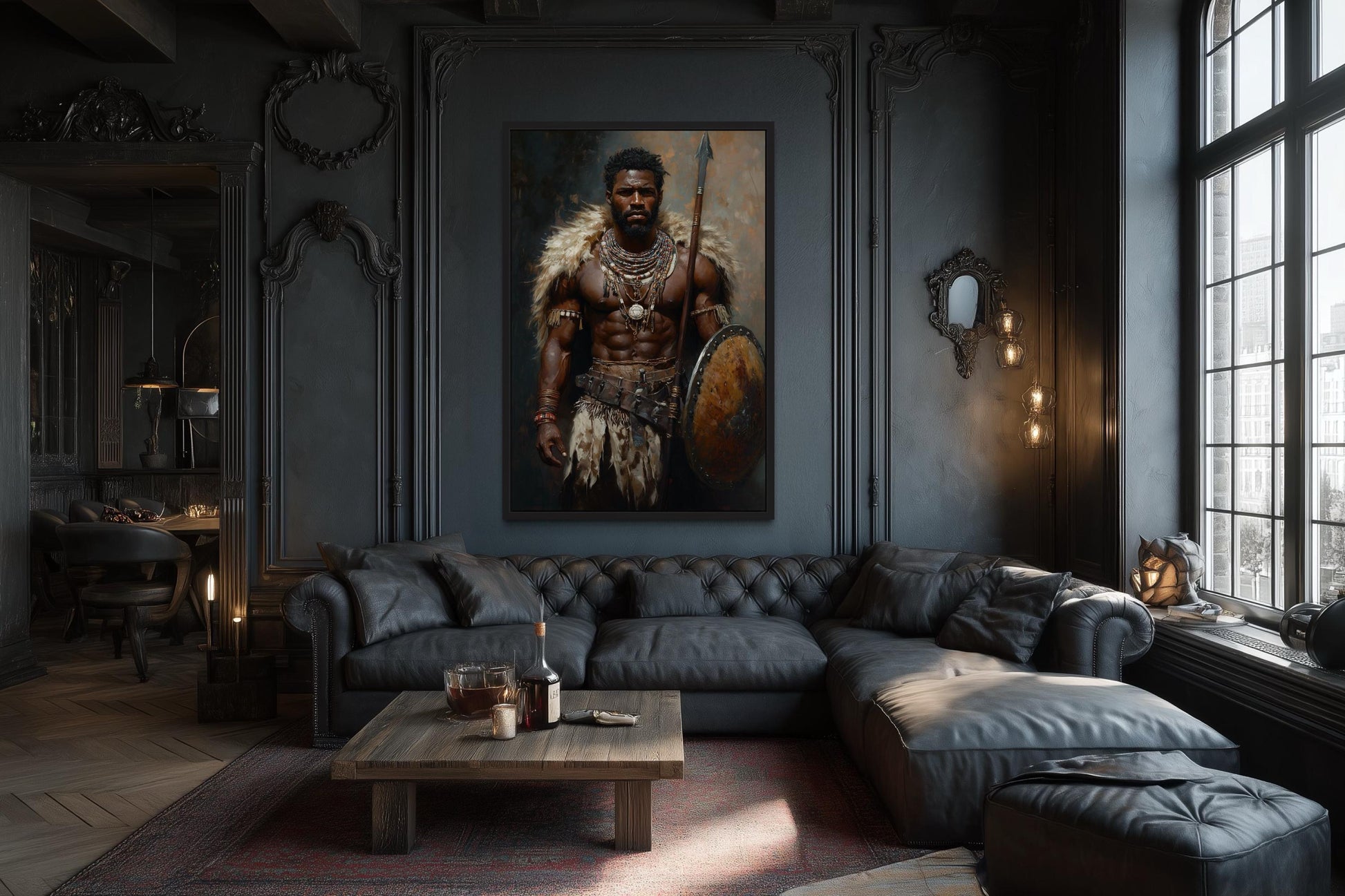 African Tribal Warrior Art - Masculine Canvas Print With Shield And Spear | Decor For Men