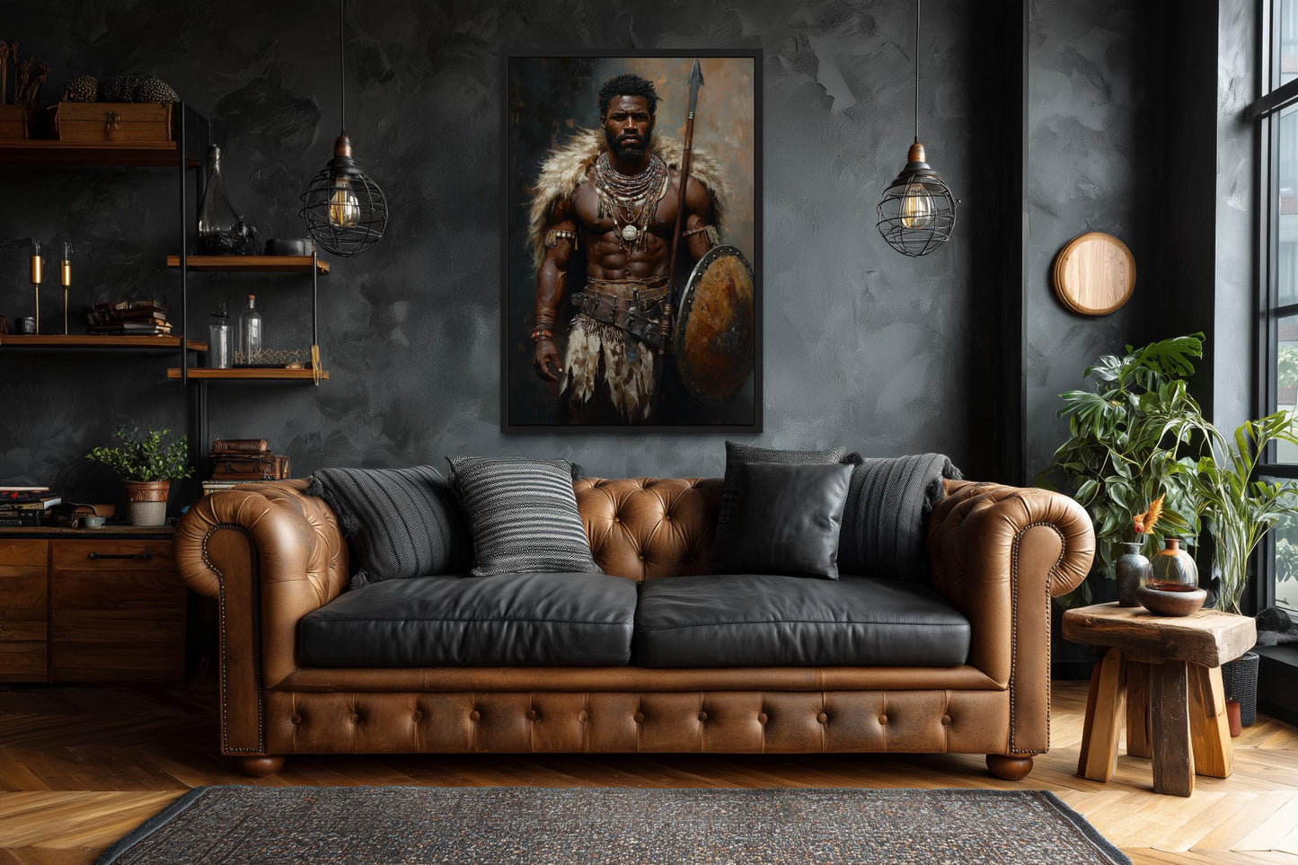 African Tribal Warrior Art - Masculine Canvas Print With Shield And Spear | Decor For Men