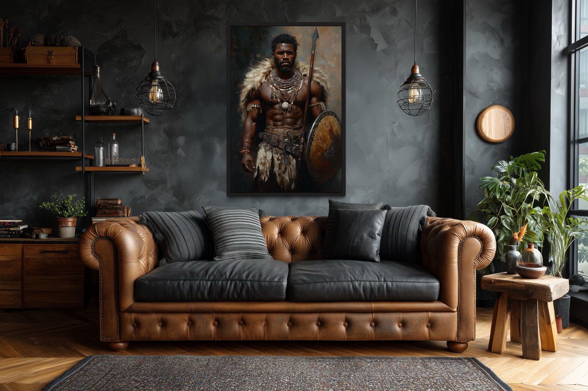 African Tribal Warrior Art - Masculine Canvas Print With Shield And Spear | Decor For Men