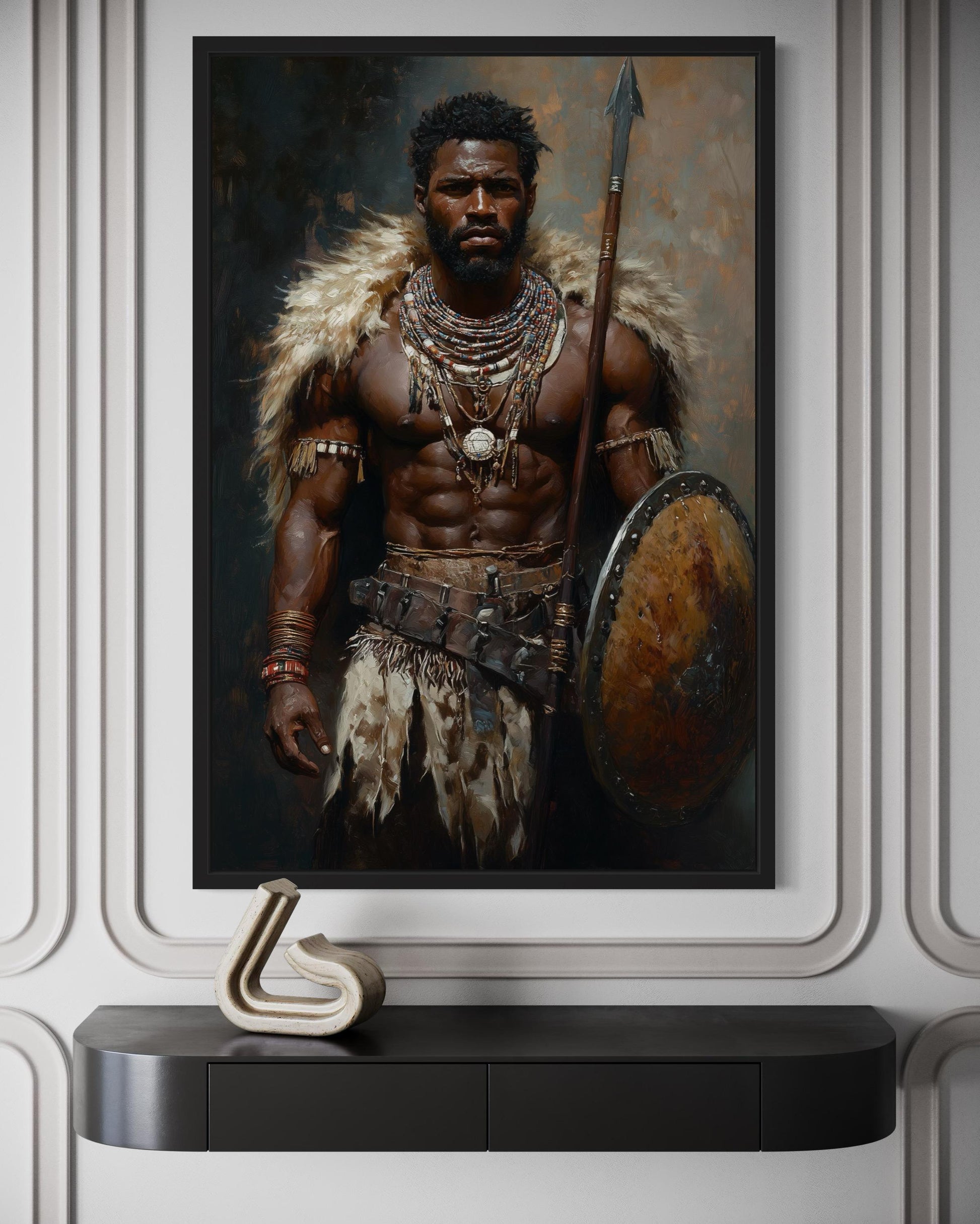 African Tribal Warrior Art - Masculine Canvas Print With Shield And Spear | Decor For Men