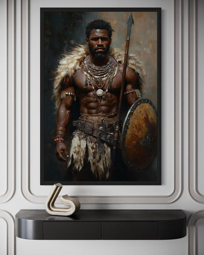 African Tribal Warrior Art - Masculine Canvas Print With Shield And Spear | Decor For Men