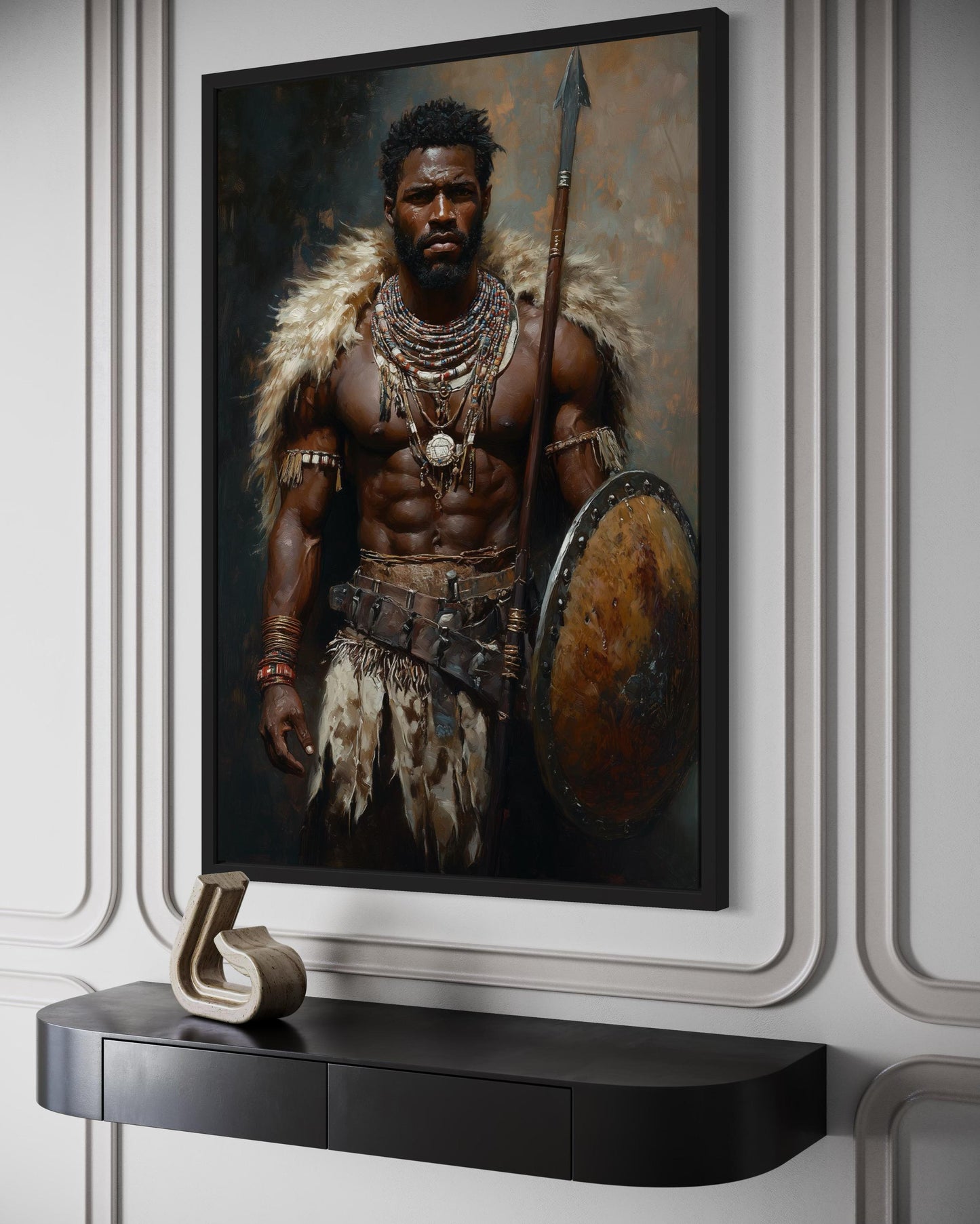 African Tribal Warrior Art - Masculine Canvas Print With Shield And Spear | Decor For Men
