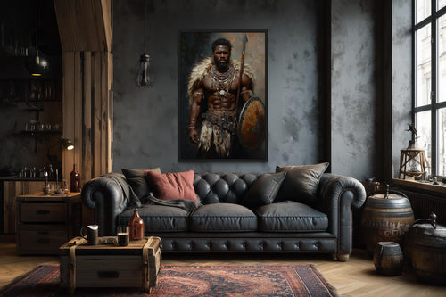 African Tribal Warrior Art - Masculine Canvas Print With Shield And Spear | Decor For Men