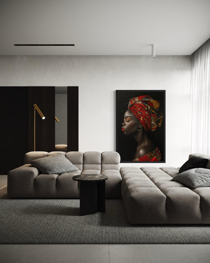 African Woman In Red Headwrap Portrait – Vertical Canvas Wall Art