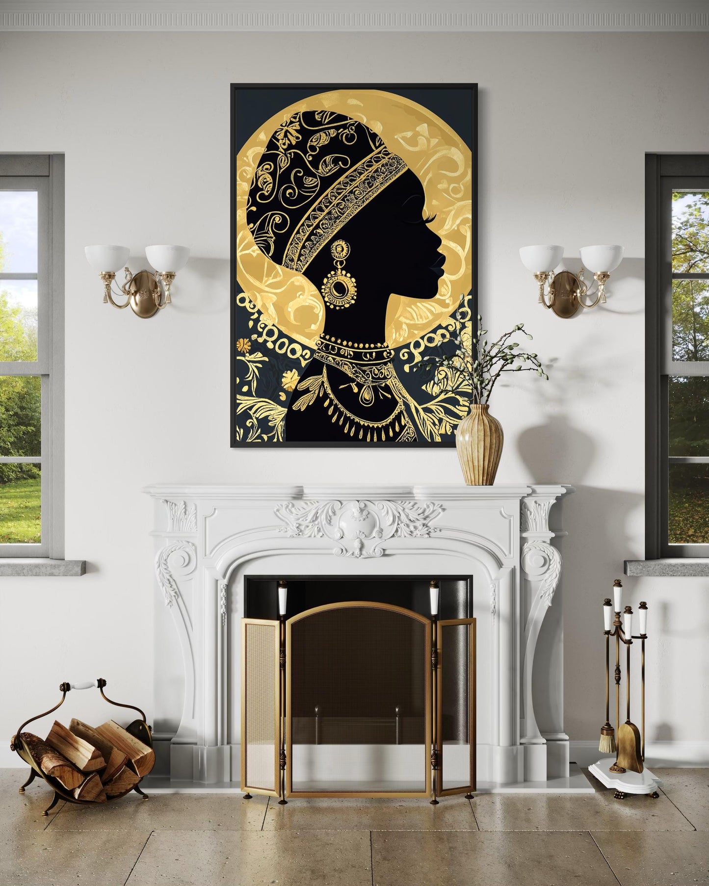 African Woman Wall Art - Black Gold Portrait Canvas Print | Elegant Cultural Headwrap Decor