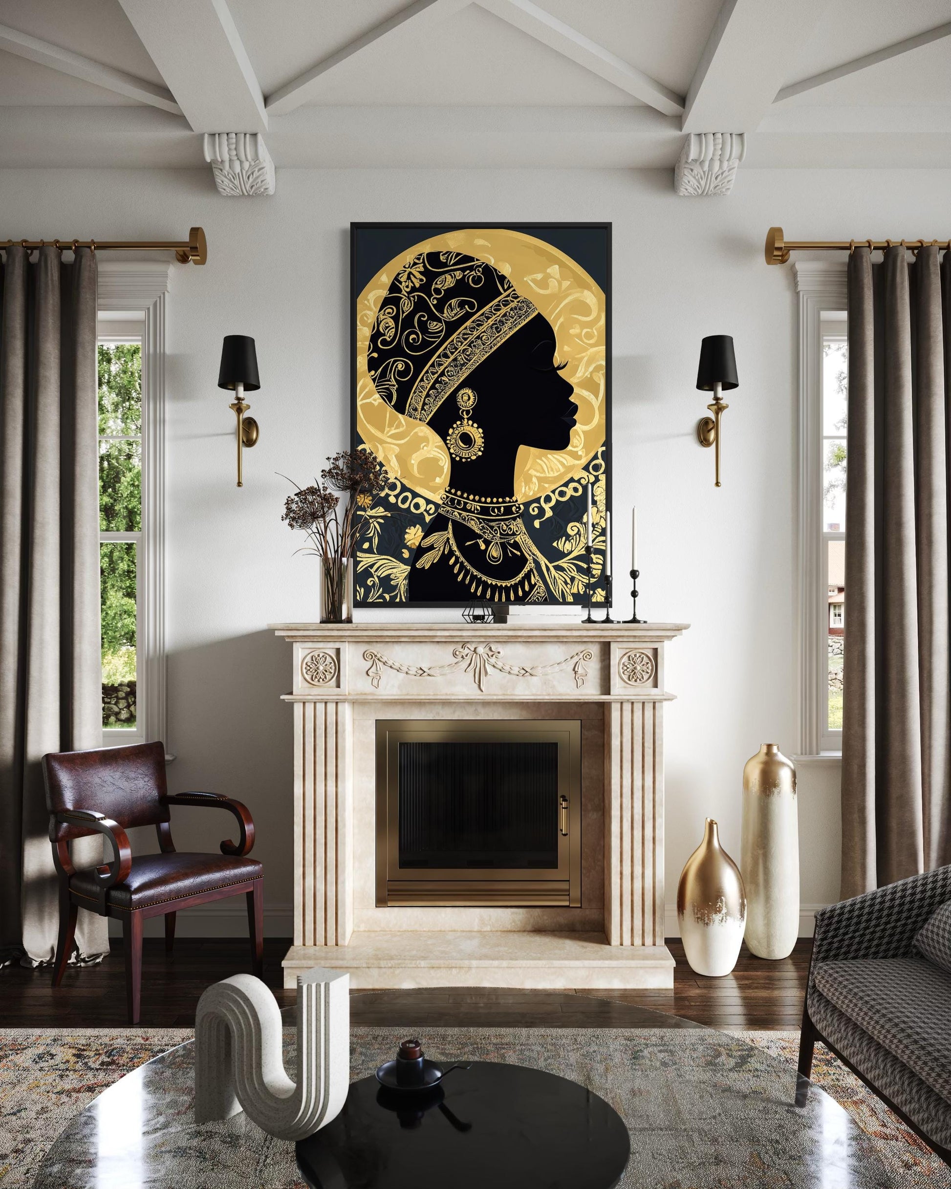 African Woman Wall Art - Black Gold Portrait Canvas Print | Elegant Cultural Headwrap Decor