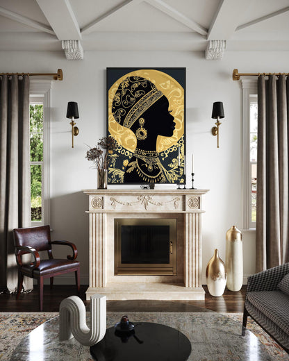 African Woman Wall Art - Black Gold Portrait Canvas Print | Elegant Cultural Headwrap Decor