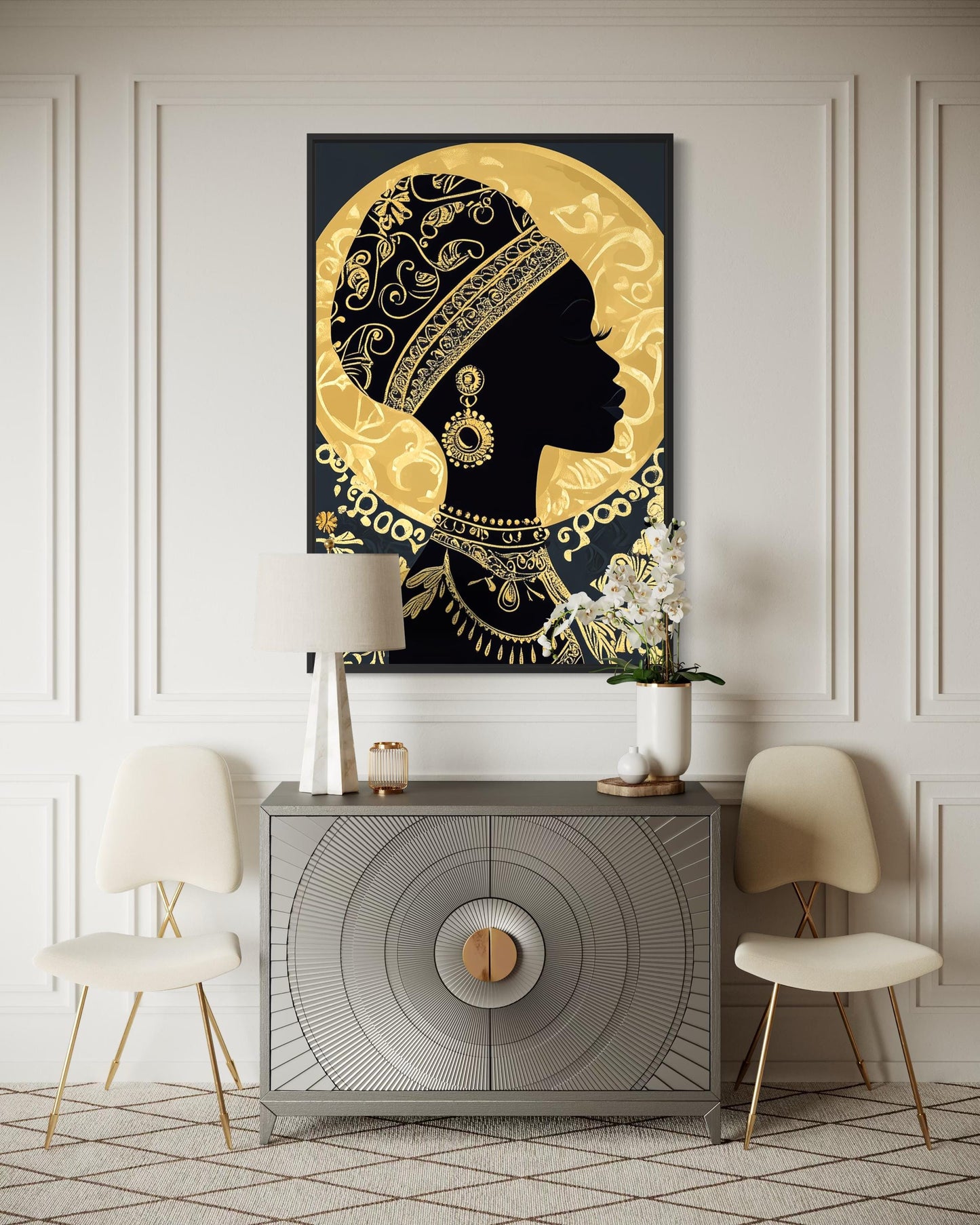 African Woman Wall Art - Black Gold Portrait Canvas Print | Elegant Cultural Headwrap Decor