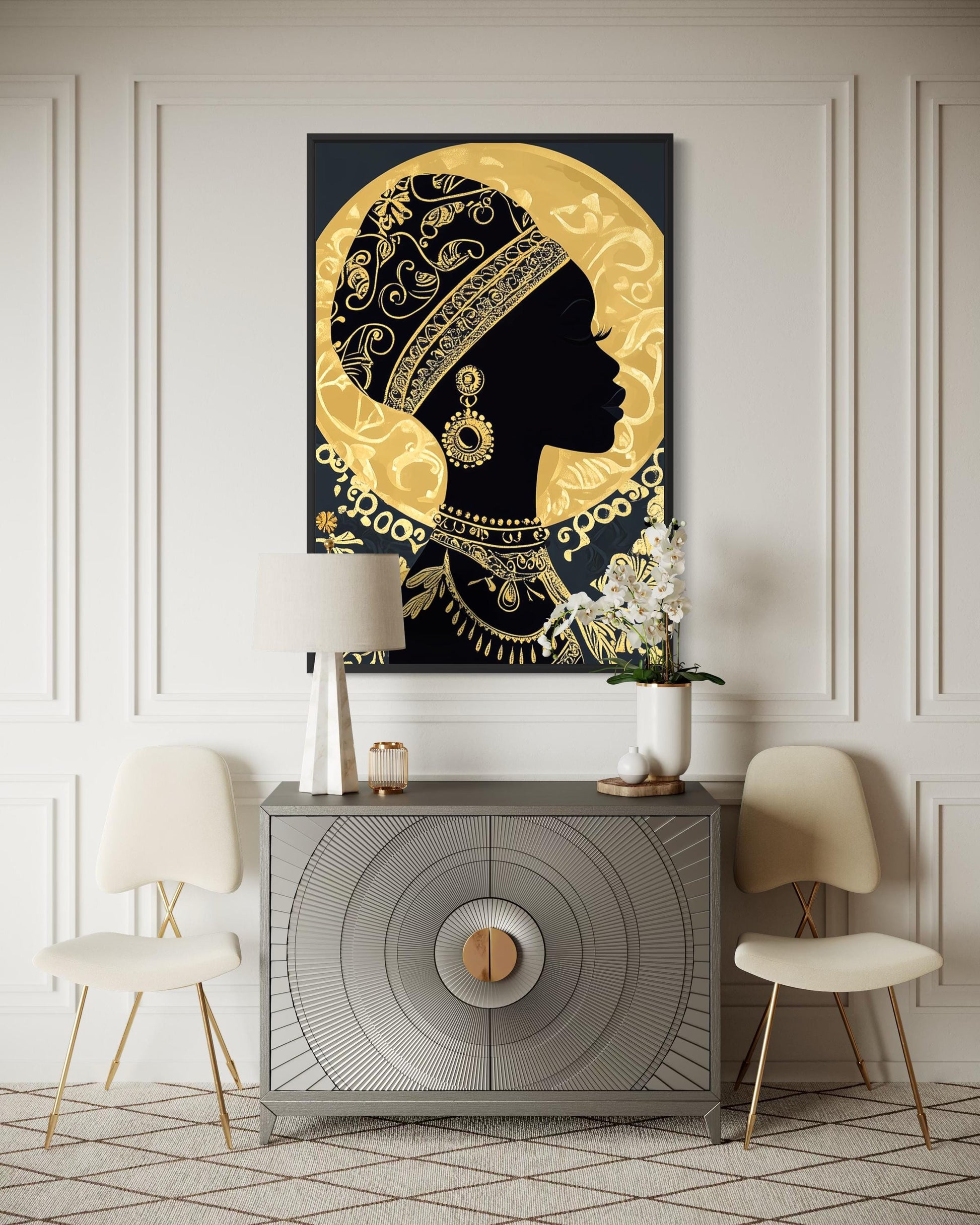 African Woman Wall Art - Black Gold Portrait Canvas Print | Elegant Cultural Headwrap Decor