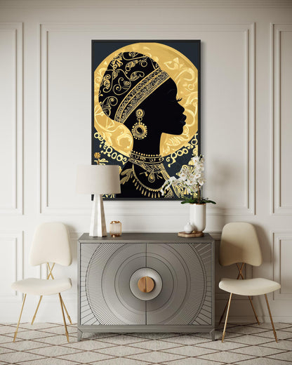 African Woman Wall Art - Black Gold Portrait Canvas Print | Elegant Cultural Headwrap Decor