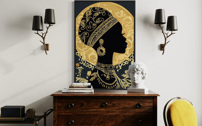 African Woman Wall Art - Black Gold Portrait Canvas Print | Elegant Cultural Headwrap Decor