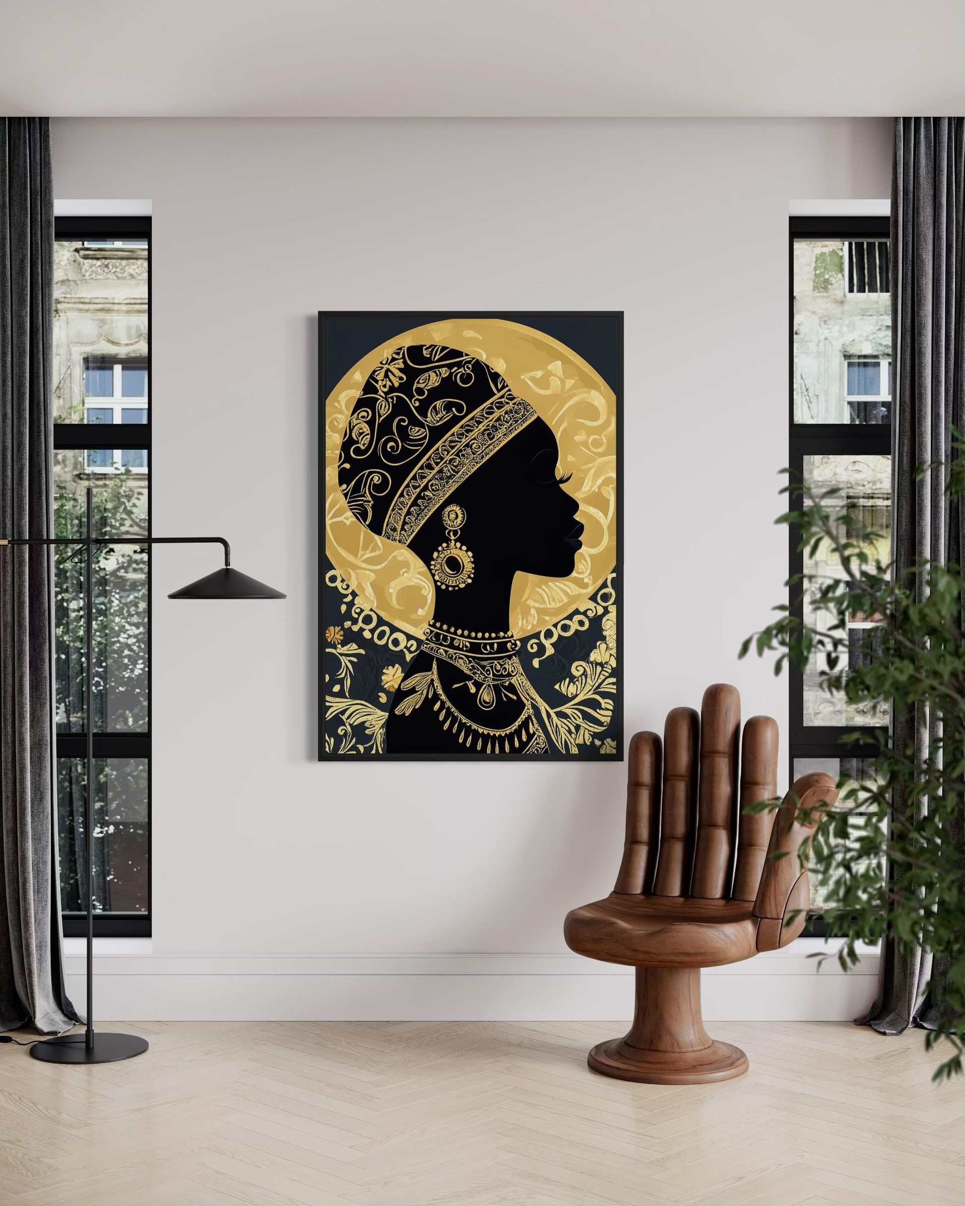 African Woman Wall Art - Black Gold Portrait Canvas Print | Elegant Cultural Headwrap Decor