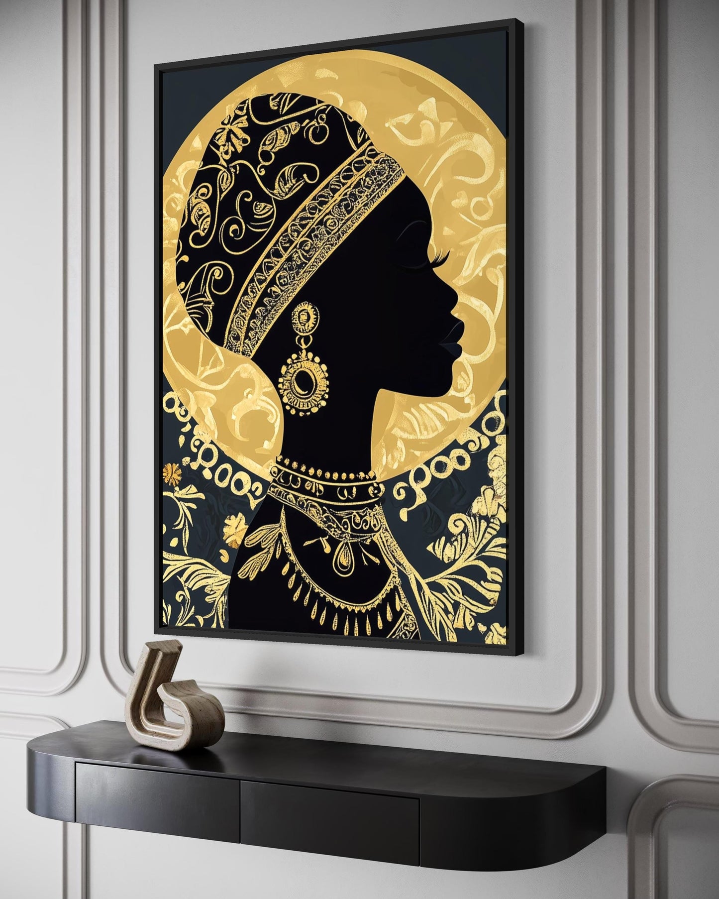 African Woman Wall Art - Black Gold Portrait Canvas Print | Elegant Cultural Headwrap Decor