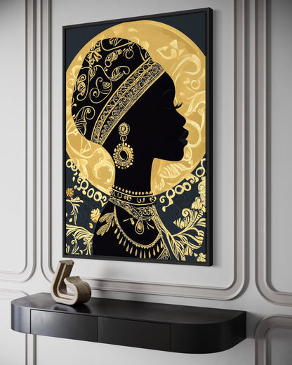 African Woman Wall Art - Black Gold Portrait Canvas Print | Elegant Cultural Headwrap Decor