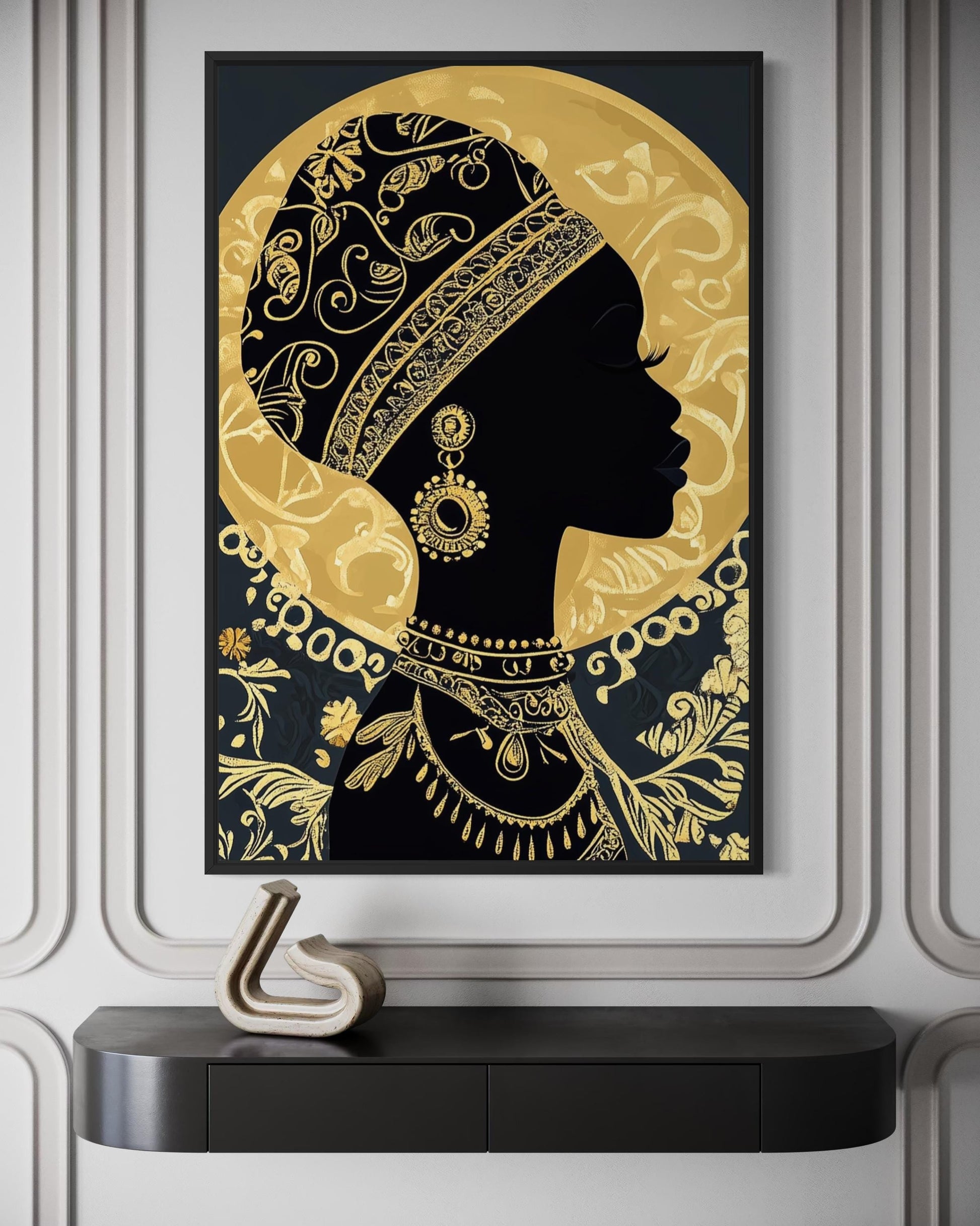 African Woman Wall Art - Black Gold Portrait Canvas Print | Elegant Cultural Headwrap Decor