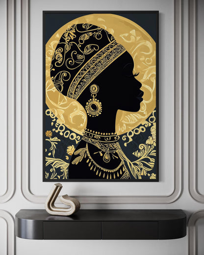 African Woman Wall Art - Black Gold Portrait Canvas Print | Elegant Cultural Headwrap Decor