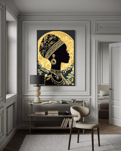 African Woman Wall Art - Black Gold Portrait Canvas Print | Elegant Cultural Headwrap Decor