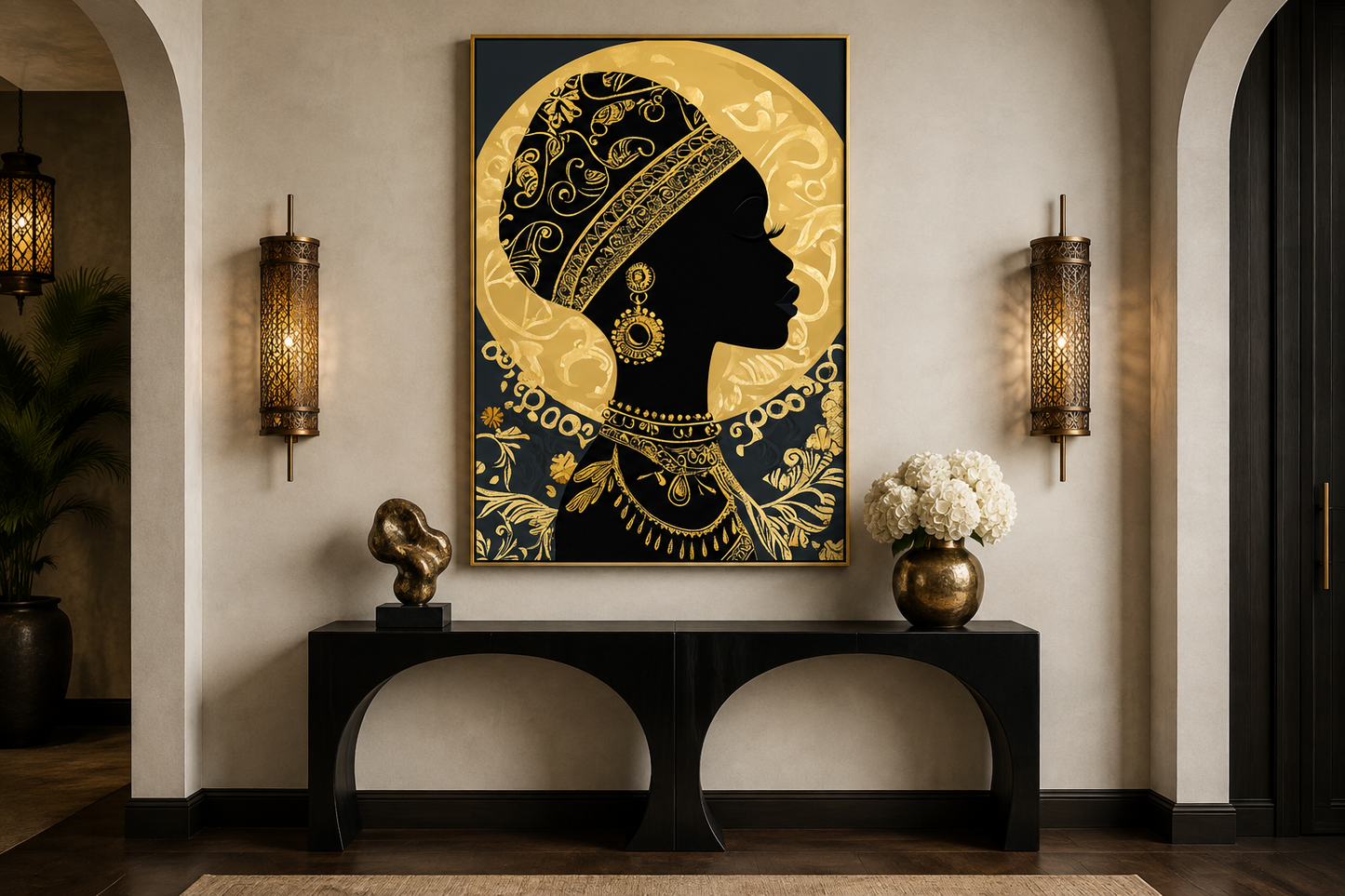 African Woman Wall Art - Black Gold Portrait Canvas Print | Elegant Cultural Headwrap Decor