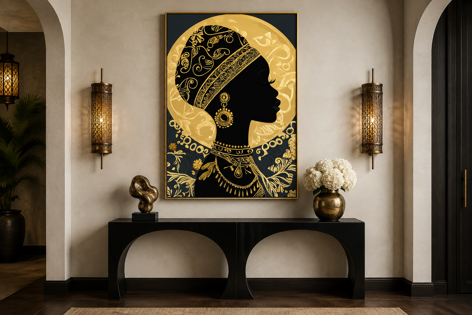 African Woman Wall Art - Black Gold Portrait Canvas Print | Elegant Cultural Headwrap Decor