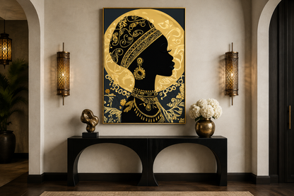 African Woman Wall Art - Black Gold Portrait Canvas Print | Elegant Cultural Headwrap Decor