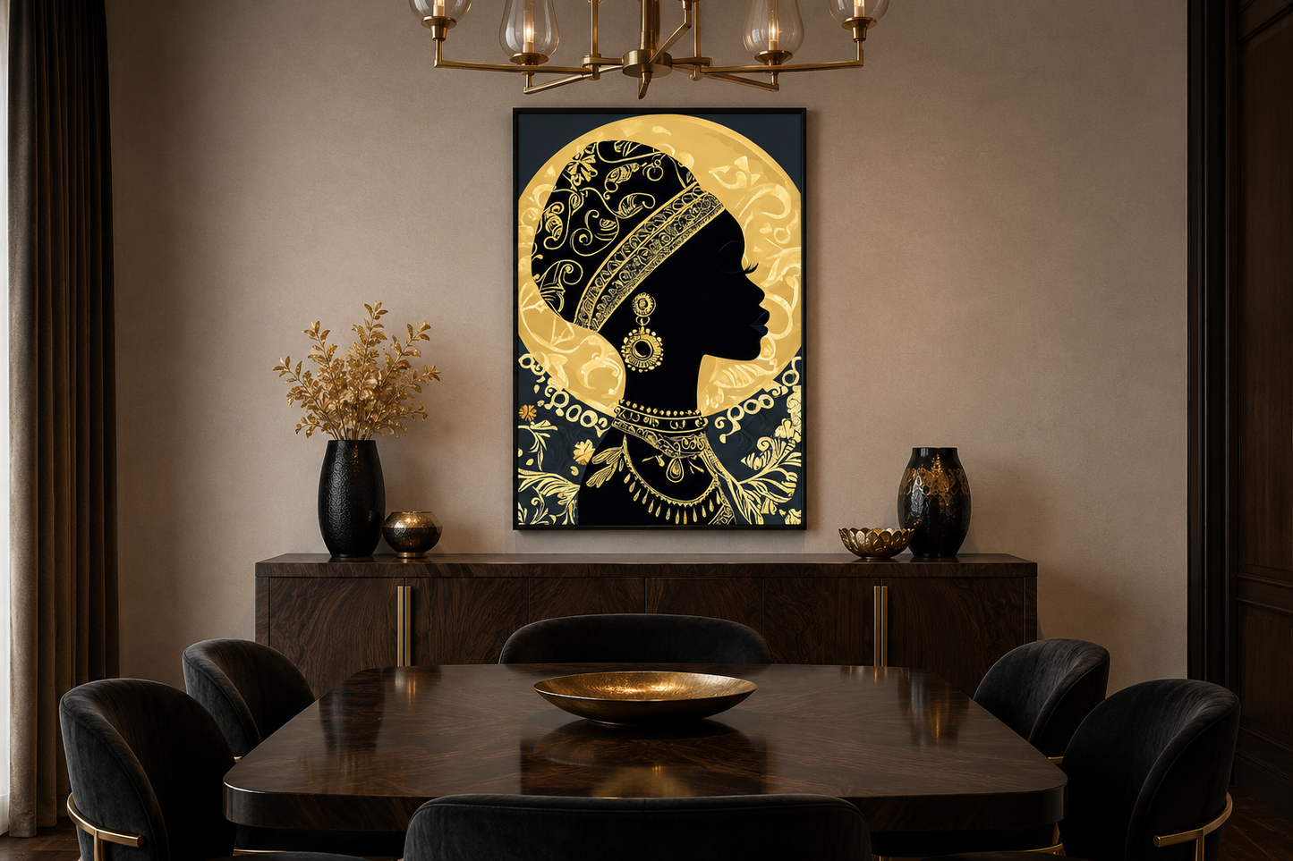 African Woman Wall Art - Black Gold Portrait Canvas Print | Elegant Cultural Headwrap Decor