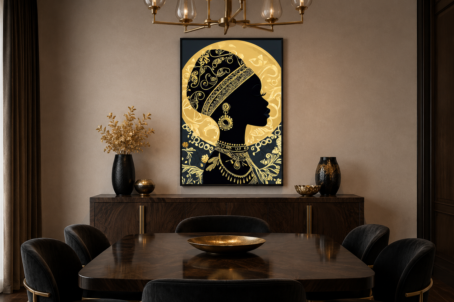 African Woman Wall Art - Black Gold Portrait Canvas Print | Elegant Cultural Headwrap Decor