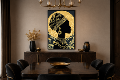 African Woman Wall Art - Black Gold Portrait Canvas Print | Elegant Cultural Headwrap Decor