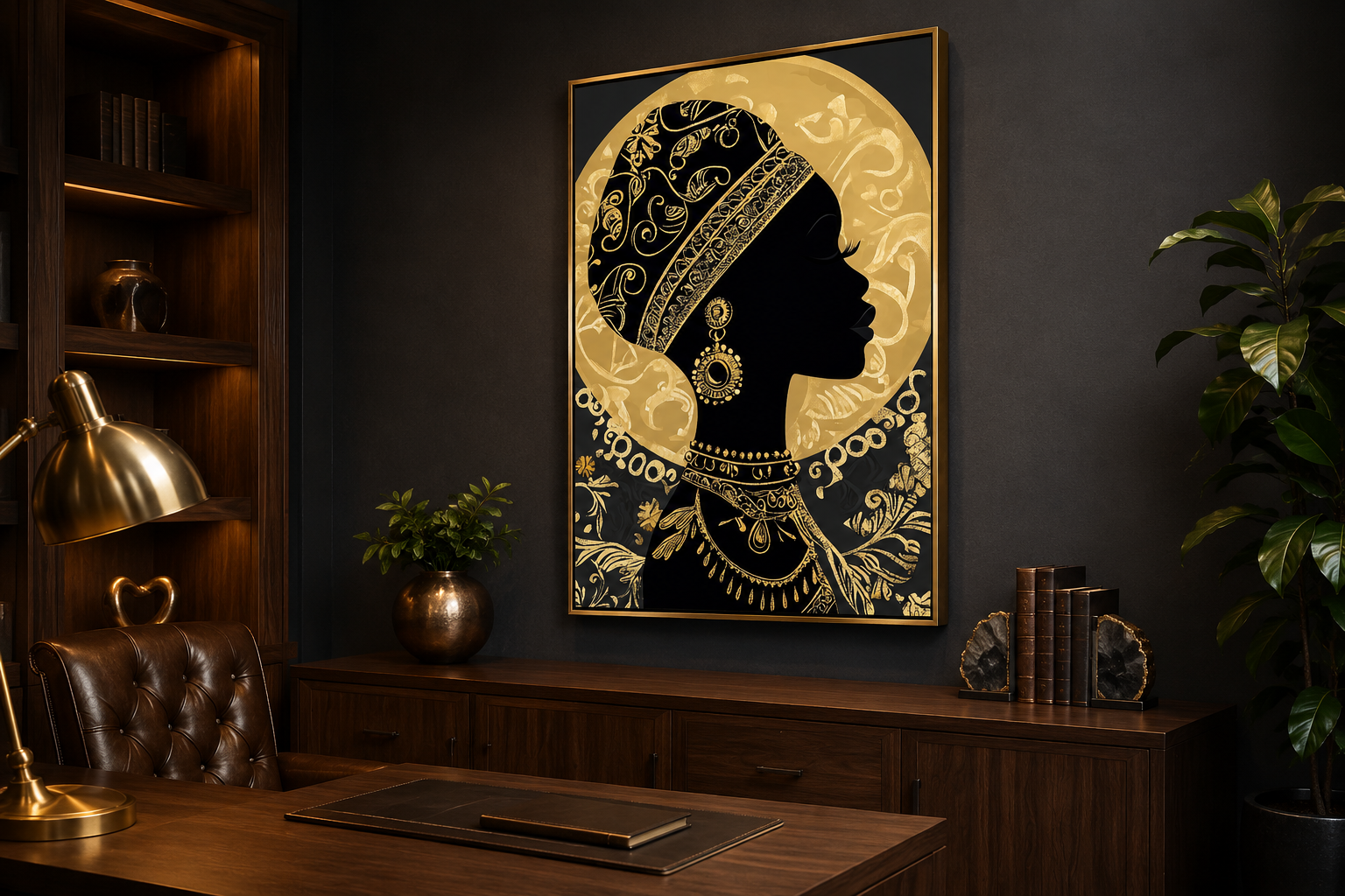 African Woman Wall Art - Black Gold Portrait Canvas Print | Elegant Cultural Headwrap Decor