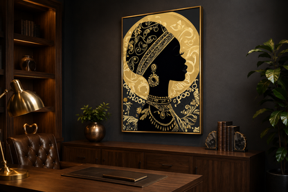 African Woman Wall Art - Black Gold Portrait Canvas Print | Elegant Cultural Headwrap Decor