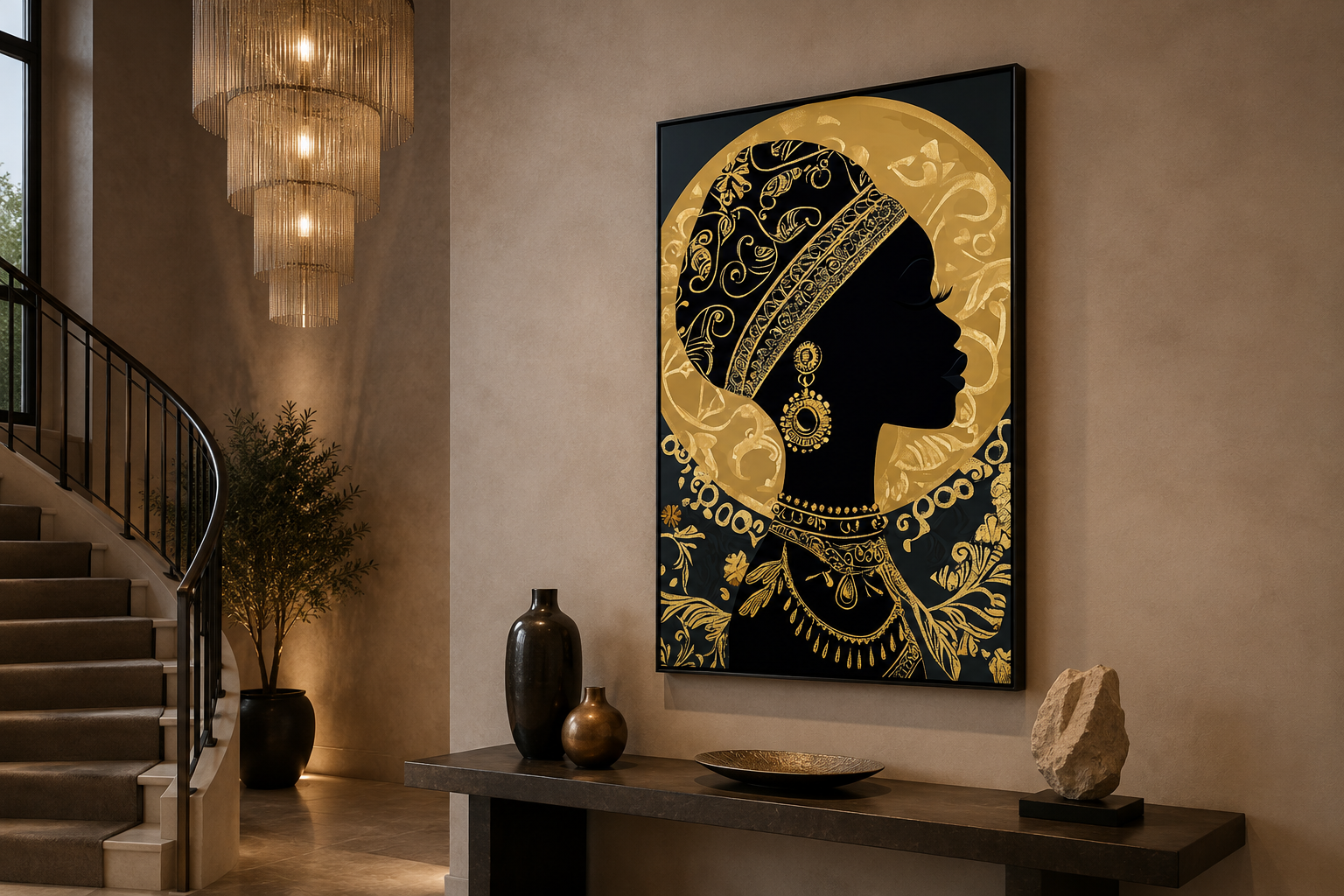 African Woman Wall Art - Black Gold Portrait Canvas Print | Elegant Cultural Headwrap Decor