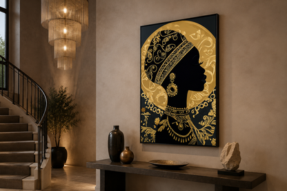 African Woman Wall Art - Black Gold Portrait Canvas Print | Elegant Cultural Headwrap Decor
