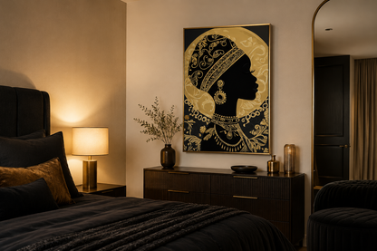 African Woman Wall Art - Black Gold Portrait Canvas Print | Elegant Cultural Headwrap Decor