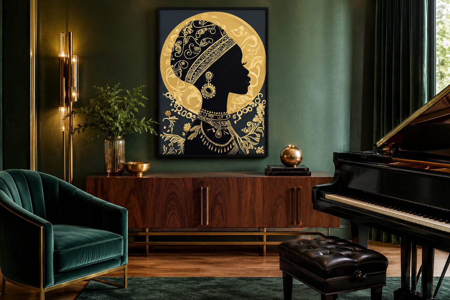 African Woman Wall Art - Black Gold Portrait Canvas Print | Elegant Cultural Headwrap Decor