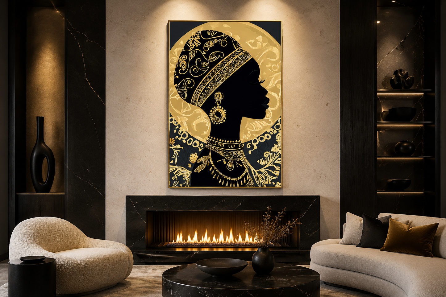 African Woman Wall Art - Black Gold Portrait Canvas Print | Elegant Cultural Headwrap Decor