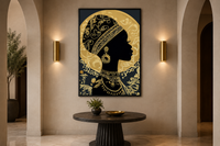 African Woman Wall Art - Black Gold Portrait Canvas Print | Elegant Cultural Headwrap Decor