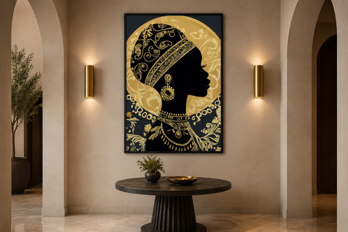 African Woman Wall Art - Black Gold Portrait Canvas Print | Elegant Cultural Headwrap Decor