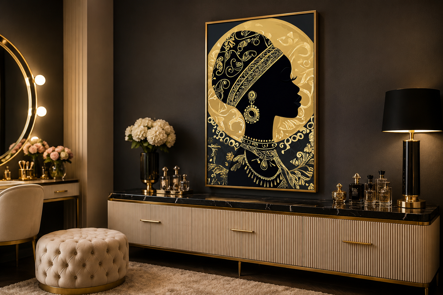 African Woman Wall Art - Black Gold Portrait Canvas Print | Elegant Cultural Headwrap Decor