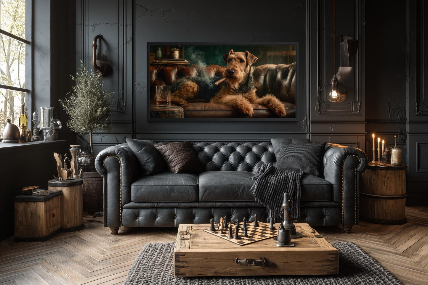 Airedale Terrier Wall Art - Rustic Dog Painting | Whiskey Lounge Print Decor for Men