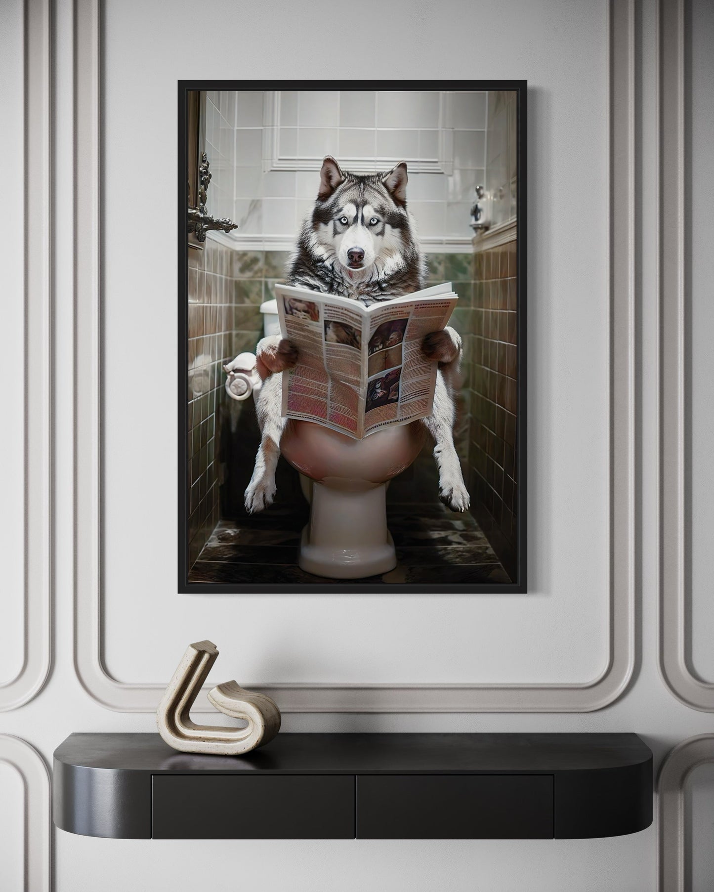 Alaskan Husky Dog On The Toilet Reading Newspaper Picture Canvas Wall Art
