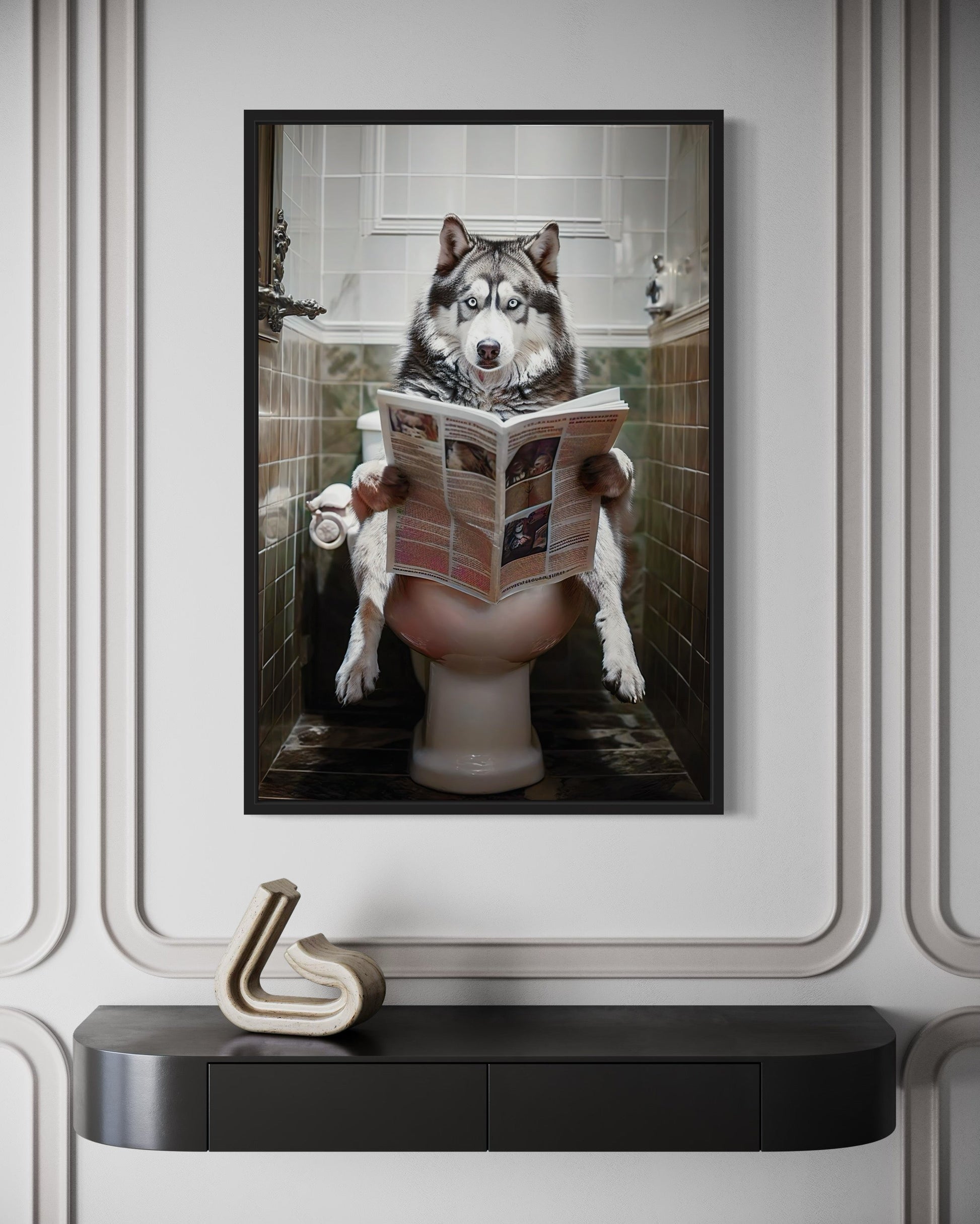 Alaskan Husky Dog On The Toilet Reading Newspaper Picture Canvas Wall Art