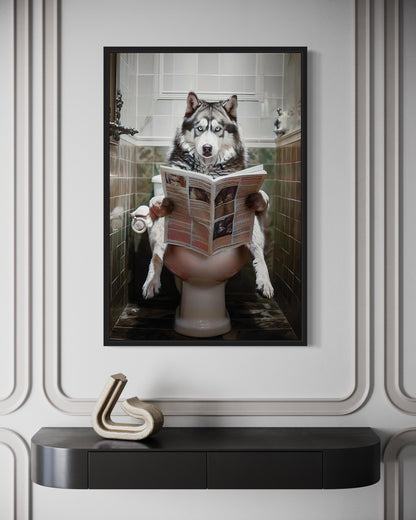 Alaskan Husky Dog On The Toilet Reading Newspaper Picture Canvas Wall Art