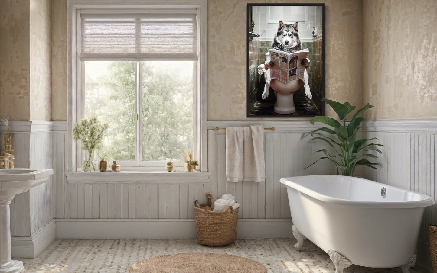 Alaskan Husky Dog On The Toilet Reading Newspaper Picture Canvas Wall Art