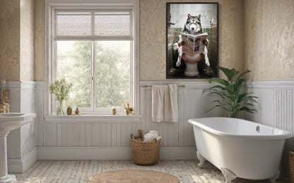 Alaskan Husky Dog On The Toilet Reading Newspaper Picture Canvas Wall Art