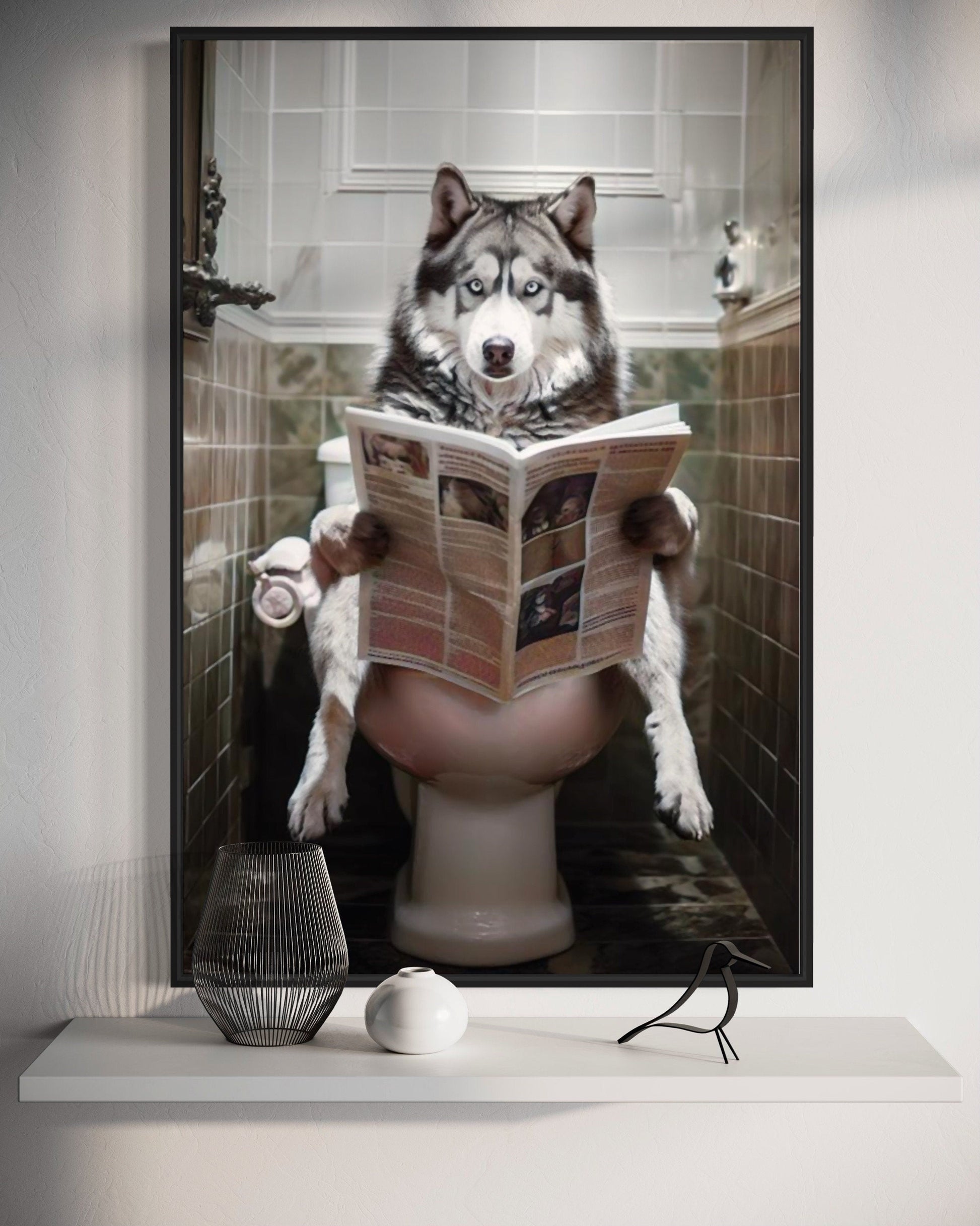 Alaskan Husky Dog On The Toilet Reading Newspaper Picture Canvas Wall Art