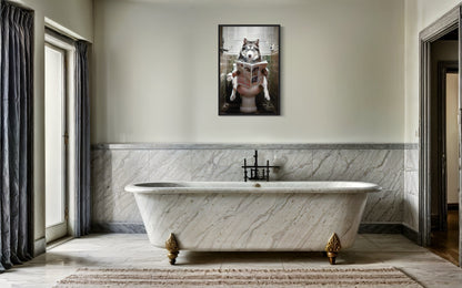 Alaskan Husky Dog On The Toilet Reading Newspaper Picture Canvas Wall Art