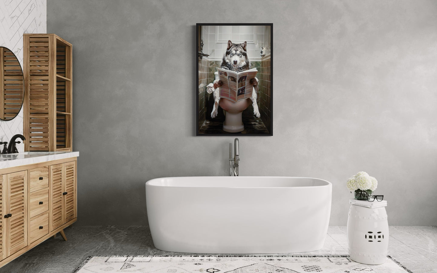 Alaskan Husky Dog On The Toilet Reading Newspaper Picture Canvas Wall Art