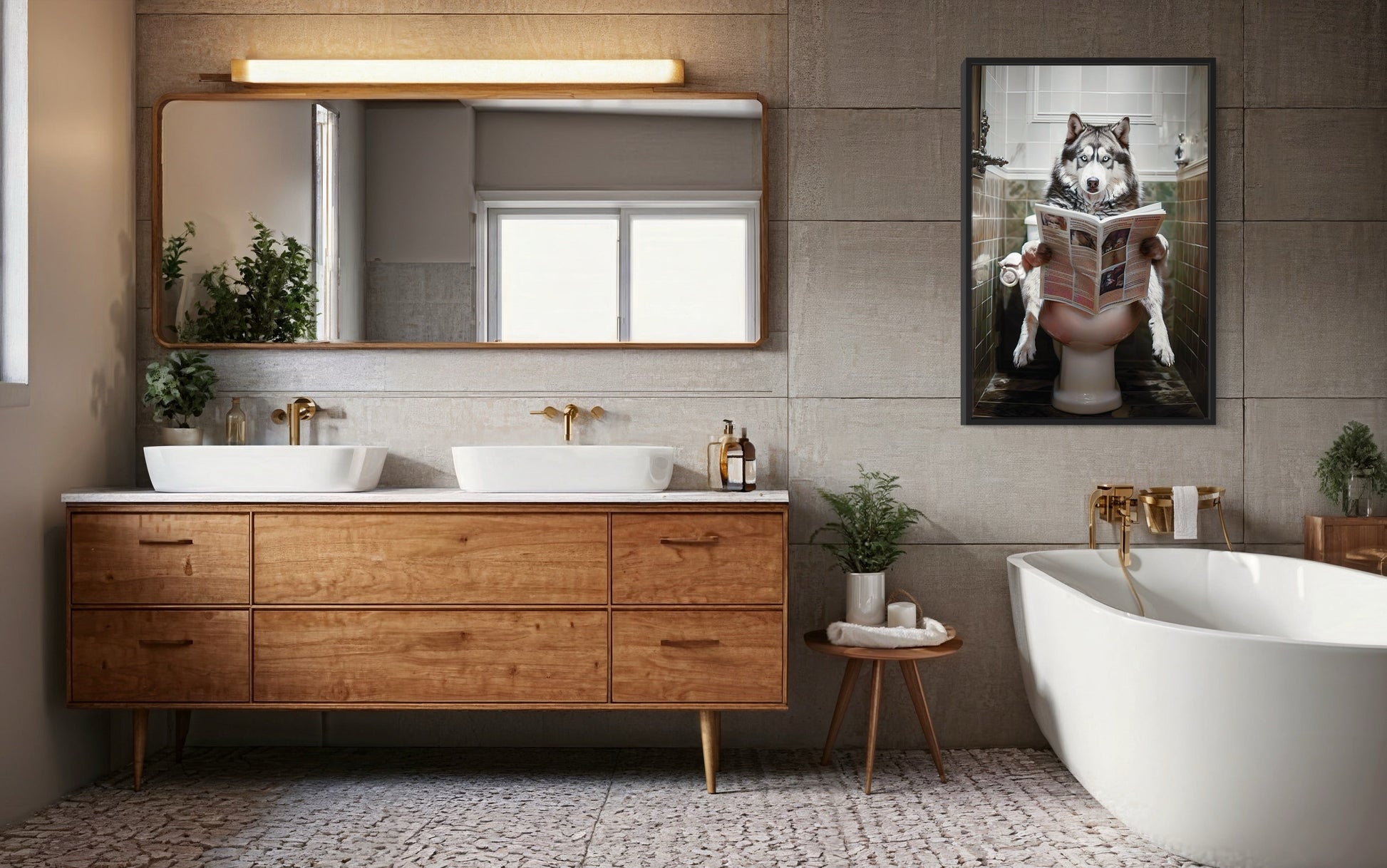 Alaskan Husky Dog On The Toilet Reading Newspaper Picture Canvas Wall Art