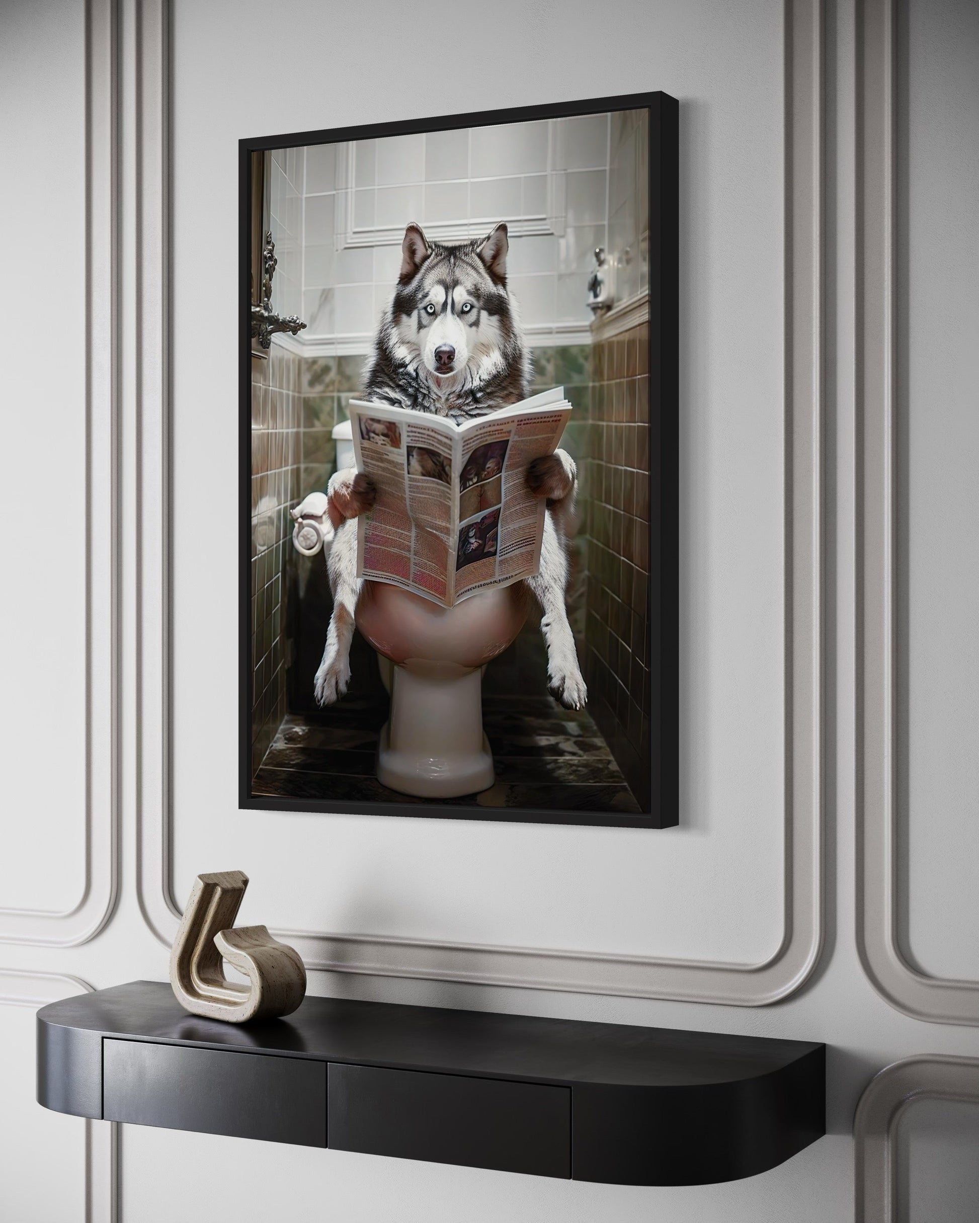 Alaskan Husky Dog On The Toilet Reading Newspaper Picture Canvas Wall Art